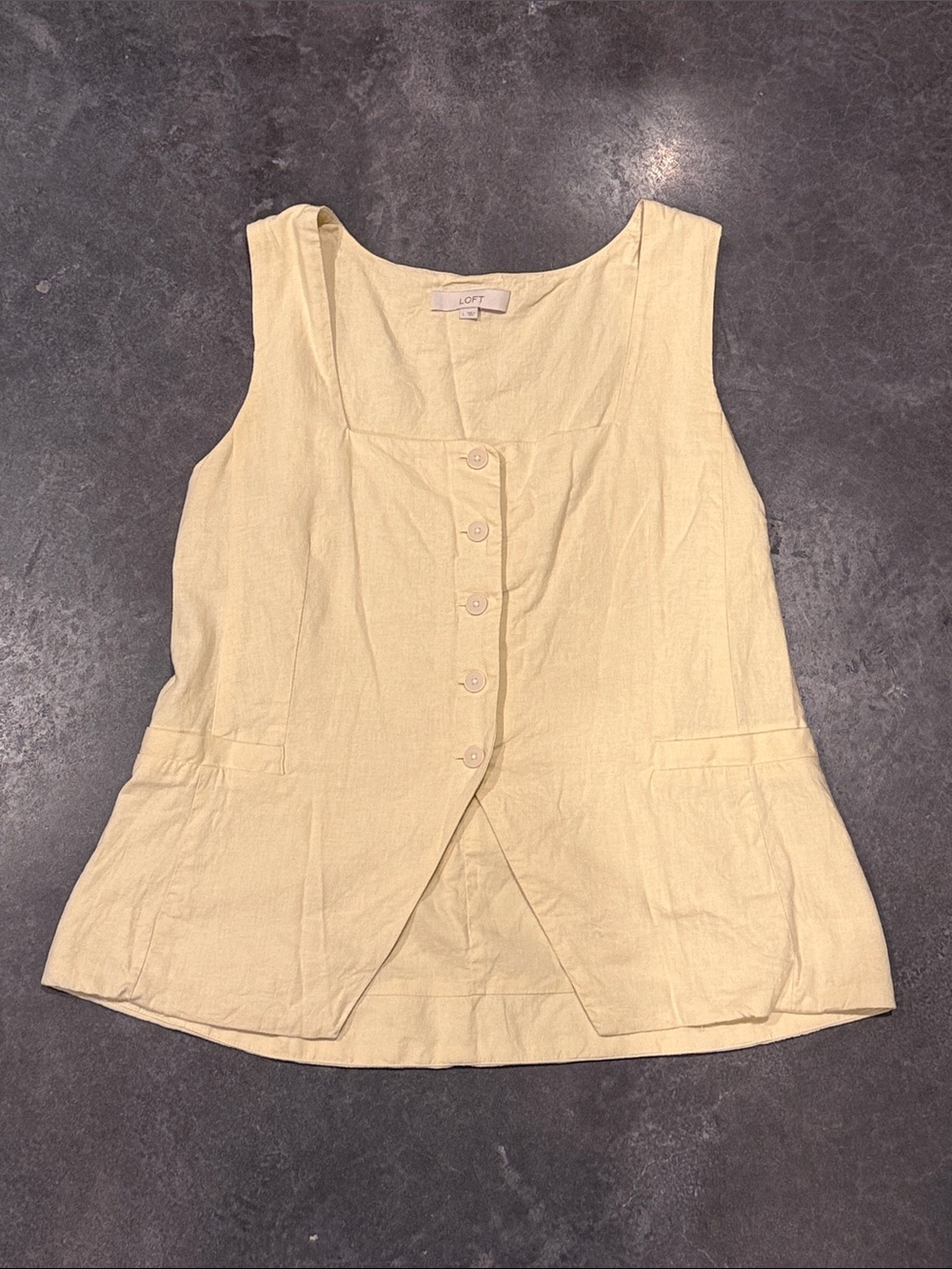 LOFT Sleeveless Button Linen Blend vest Top in butter Yellow pockets tie back
